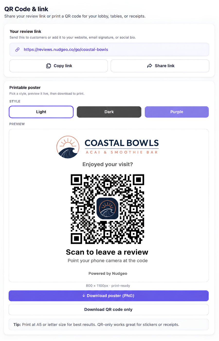 Nudgeo QR code page showing a printable QR poster and a shareable review link for websites and buttons