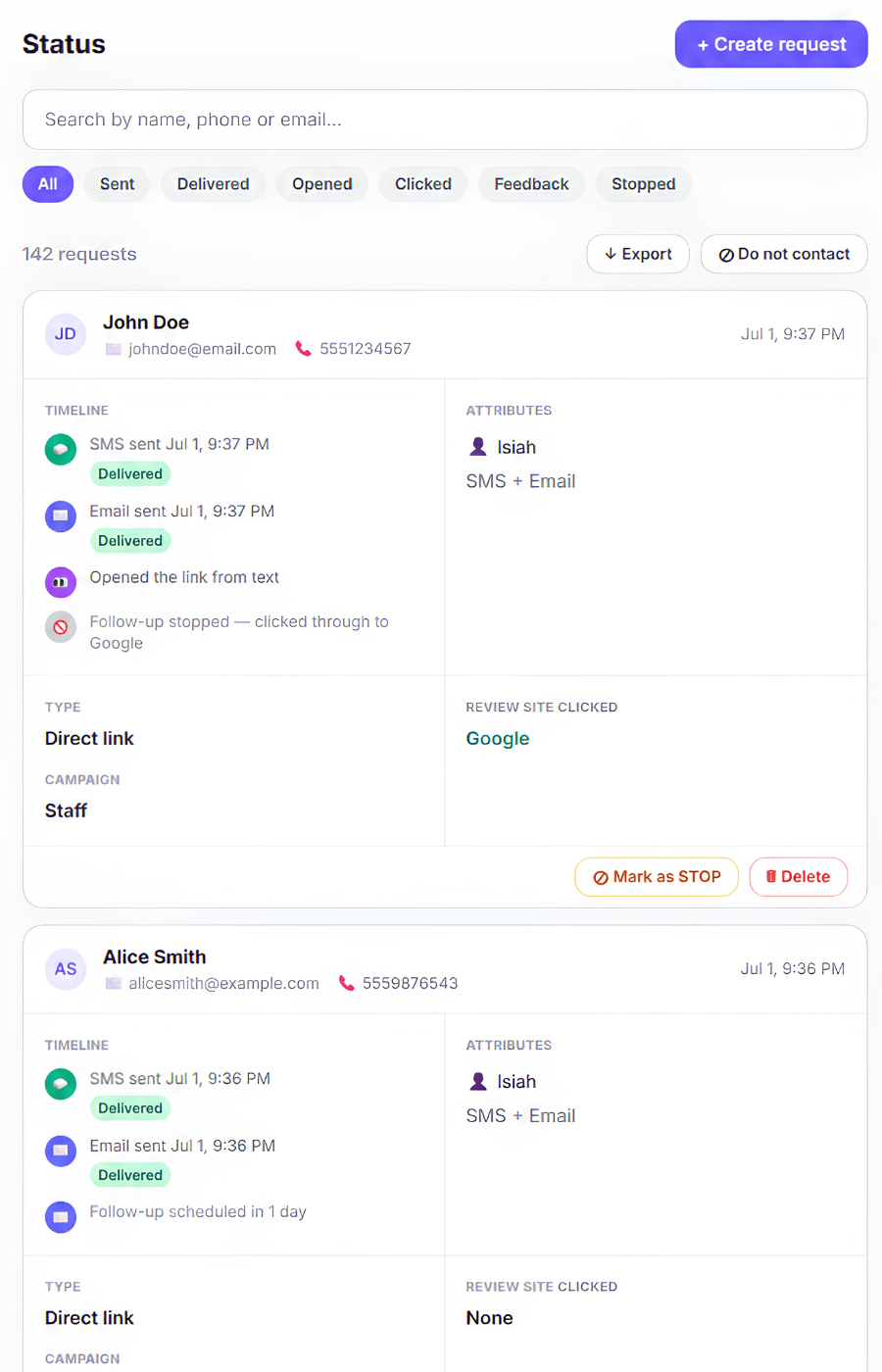 Nudgeo Status dashboard showing review requests, delivery status, and timelines